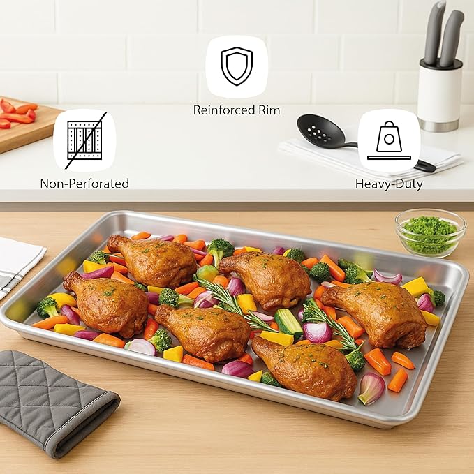 Restaurantware Met Lux 26 x 18 Inch Industrial Baking Pan 1 Heavy-Duty Full-Size Bakery Sheet Pan - Rimmed Edges Endures Up To 392F Aluminum Sheet Pan Dishwashable Ideal For Baking Or Roasting