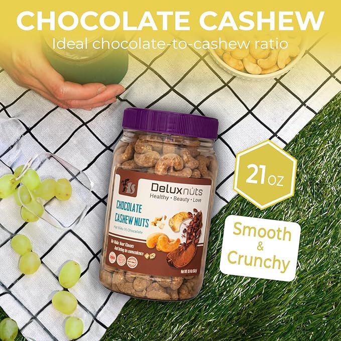 DELUXNUTS Premium Roasted Chocolate Covered Cashew Crunch 21oz | Cocoa Dusted & Chocolate Cashews Gift, Whole Cashew Nuts Snack Mix, Healthy Gourmet Snack for Adults, High Protein, Gluten-Free, Premium Holiday & Christmas Gift Idea