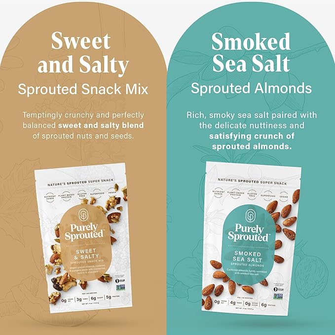 Purely Sprouted Nut and Seeds Snack Individual Packs – Grain and Gluten-Free, Vegan, Non-GMO, High-Protein, On-the-Go Bites - 8 Count