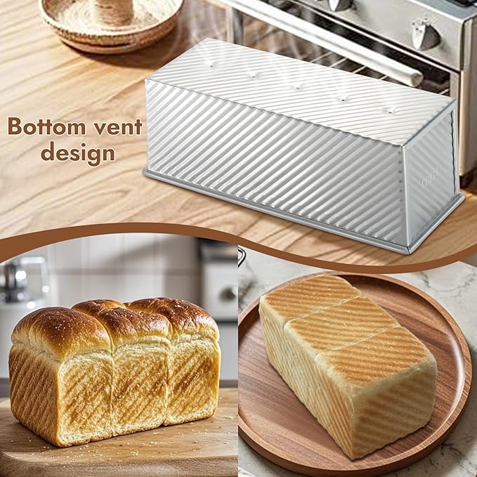 CURTA Commercial Pullman Loaf Pans with Lid 2.2 lb Dough Capacity Non-Stick Bakeware for Baking Bread Corrugated Bread Pans Extra large loaf pan Silver 1pcs