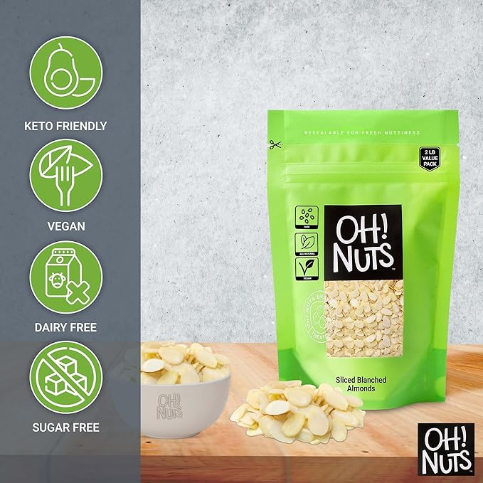 Oh! Nuts Almonds Blanched Sliced - Raw - 100% Natural - 2 LB - High-Protein Almonds - Packed in New York Zip-Seal Bag for Exceptional Freshness