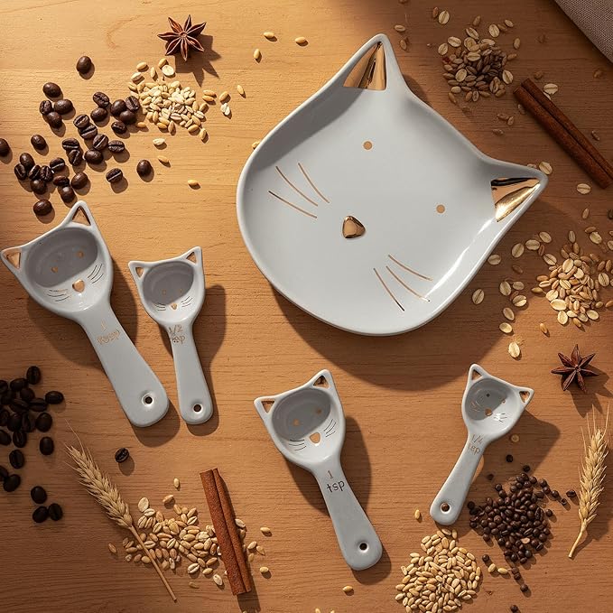 Patelai 5 Pcs Cat Measuring Spoons Set Kitchen Ceramic Counter Cat Ceramic Soup Spoon for Christmas Women Gift(Gray)