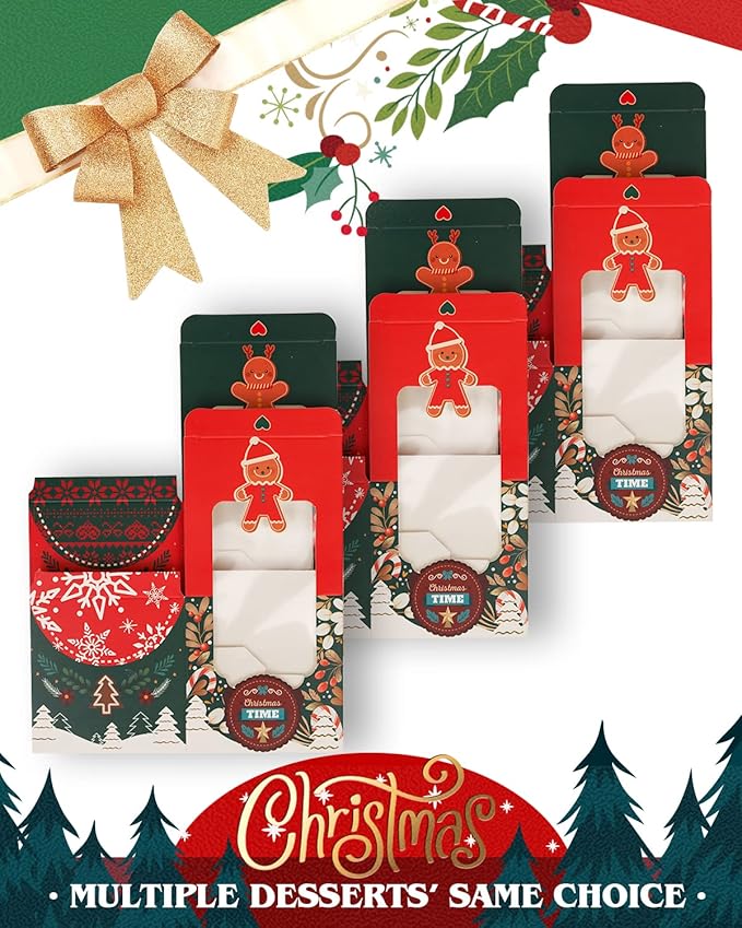 qiqee Christmas Cupcake Boxes 60pcs 3.5x 3.5x3.5 inch Auto-Popup Single Cupcake Container for Christmas(60 Boxes+60 Inserts)