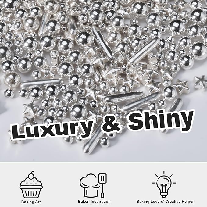 HUEBEATY 6-in-1 Metallic Silver Cake Pearls Sprinkles – Silver Galaxy Star Sprinkles for Cake Decorating, Cupcakes, Cookies & Ice Cream | 180g/6.36oz | Space, Wedding, Birthday Cake Decorations