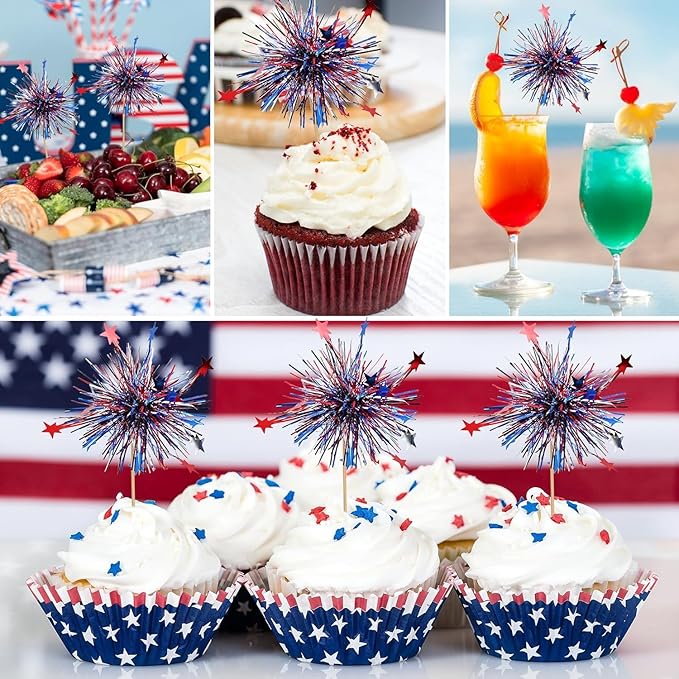 24Pcs American Patriotic Cupcake Toppers, 4th of July Foil Firework Cupcake Toppers Tinsel Drink CupCake Decoration Picks Independence Day Supplies Favor