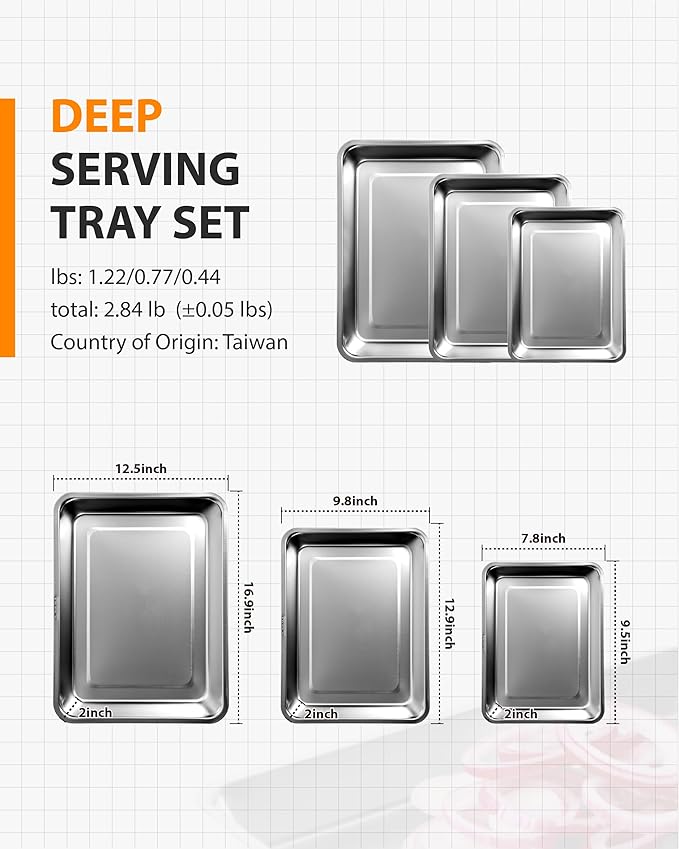 3-Piece Baking Pan Set, 304 Stainless Steel, 2-Inch Deep, Oven Safe to 450°F, Corrosion-Resistant, Easy to Clean, Stackable, 16-Inch, 12-Inch, 9-Inch Sizes
