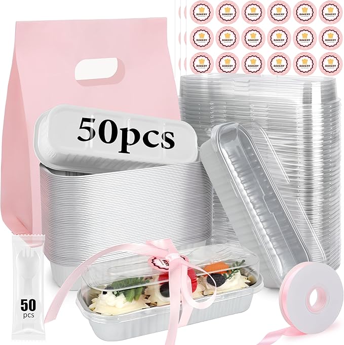 OcePor 50 Pack Mini Loaf Pans With Lids，Mini Cake Pans With Lids and Spoons，6.8oz Bread Loaf Pans Disposable，Small Aluminum Cake Tins,Baking Pans Individual (White)