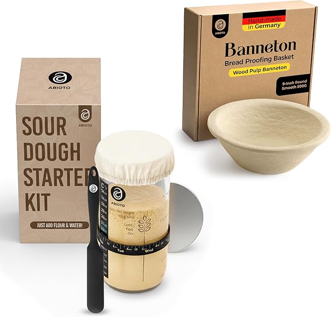 Sourdough Proofing Basket and Starter Jar Kit – 1.1 LB Round Wood Pulp Banneton (Made in Germany) with 24 oz Sourdough Starter Jar, Thermometer Strips & Spatula – Beginner Bread Proofing Set