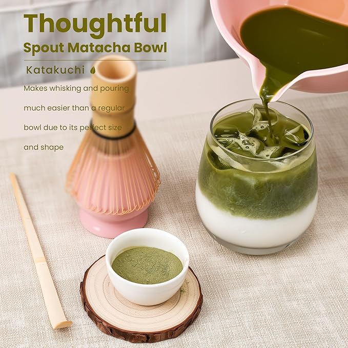 Matcha Whisk Set, Handcrafted Bamboo Chasen & Ceramic Bowl Matcha Kit,Complete 5 Pcs Pink Matcha Set Whisk and Bowl W/Stainless Steel Sifter,Bamboo Scoop & Holder for Matcha Tea Ceremony(Sakura Pink)