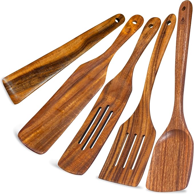 5 PCS Wooden Spatula for Cooking, Natural Teak Wooden Utensil Set, Non-Toxic Wood Cooking Utensil, Handmade Comfort Grip Wood Spoons for Nonstick Cookware