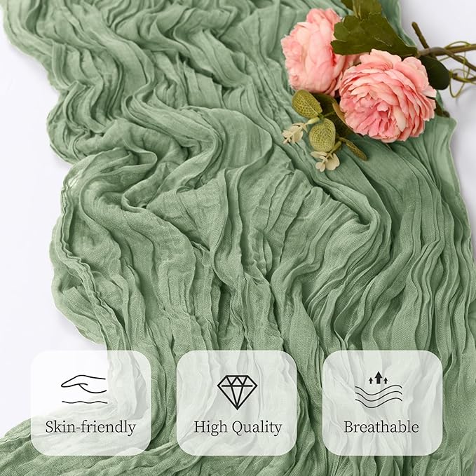 6 Pack Sage Green Cheesecloth Table Runner 17x108 Inch Semi Sheer Boho Gauze Cheese Cloth Fabric Table Runners, for Wedding Party Baby Shower Birthday Home Decor Garden Farmhouse