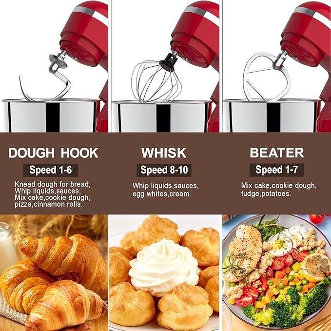 3 in 1 Electric Stand Mixer with 5.5 Quart Bowl, Household Food Mixer 10+p Speeds, Kitchen Tilt-Head Bread Dough and Cake Mixers for Home Daily Use (Red)