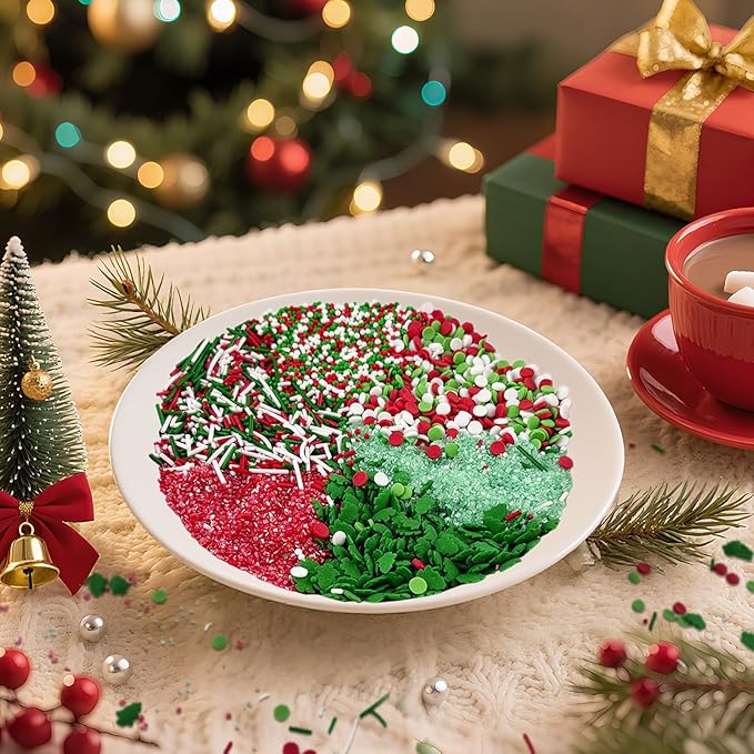 Christmas Sprinkles Green Christmas Tree Sprinkles Sanding Gugar Red Green White Jimmies Mix Holiday Cake Sprinkle Confetti Quin Mix Crystral for Cake Baking Ice Cream Cookies Cupcake Topper 6.7 Oz