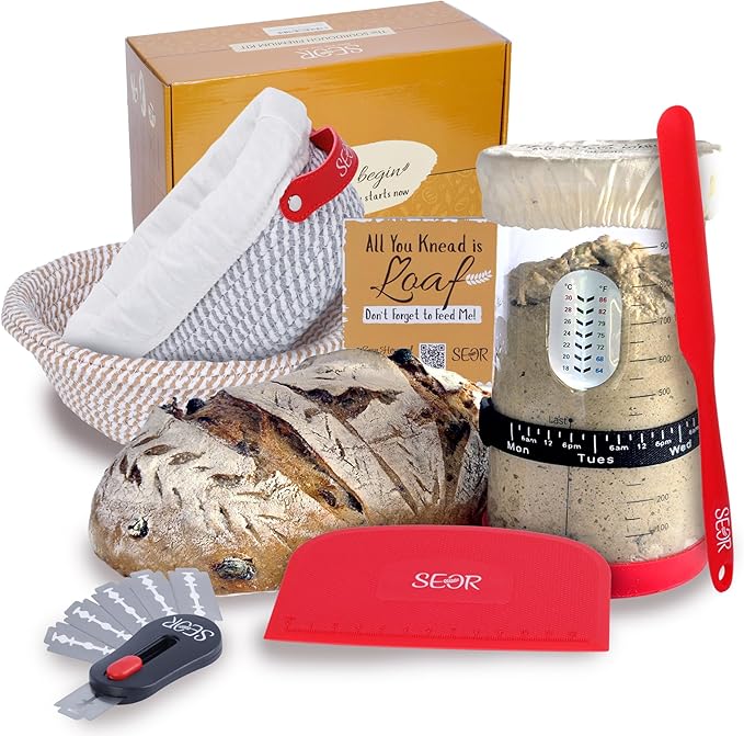 8Pc Sourdough Bread Making Starter Kit; Supplies with Tools for Perfect Sourdough Bread Loaf; Glass Sourdough Starter Fermentation Jar and 2 Breathable Sourdough Proofing Baskets