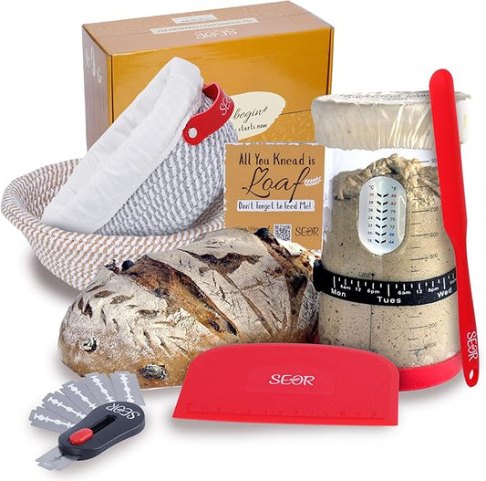 8Pc Sourdough Bread Making Starter Kit; Supplies with Tools for Perfect Sourdough Bread Loaf; Glass Sourdough Starter Fermentation Jar and 2 Breathable Sourdough Proofing Baskets