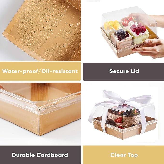 20 Pack 7x7x4 Cake Boxes with Clear Lids for 4-6 Inch Cakes, Treats or Desserts – Paper Bento Cake Boxes, Disposable Bundt Containers – Bakery Take Out Containers – To Go Square Packaging, Brown