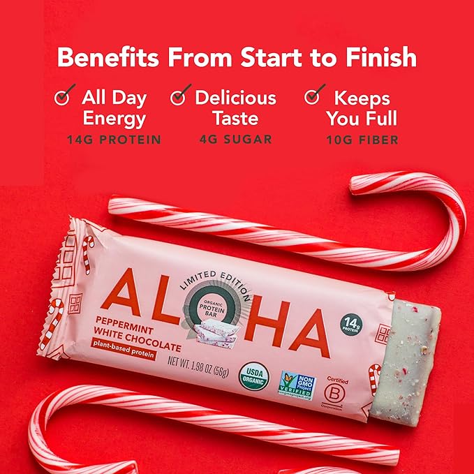 ALOHA Organic Plant Based Protein Bars - Peppermint White Chocolate, Vegan, Low Sugar, Gluten-Free, Paleo, Low Carb, Non-GMO, No Stevia, No Erythritol - LIMITED EDITION, 12 Count (Pack of 1)