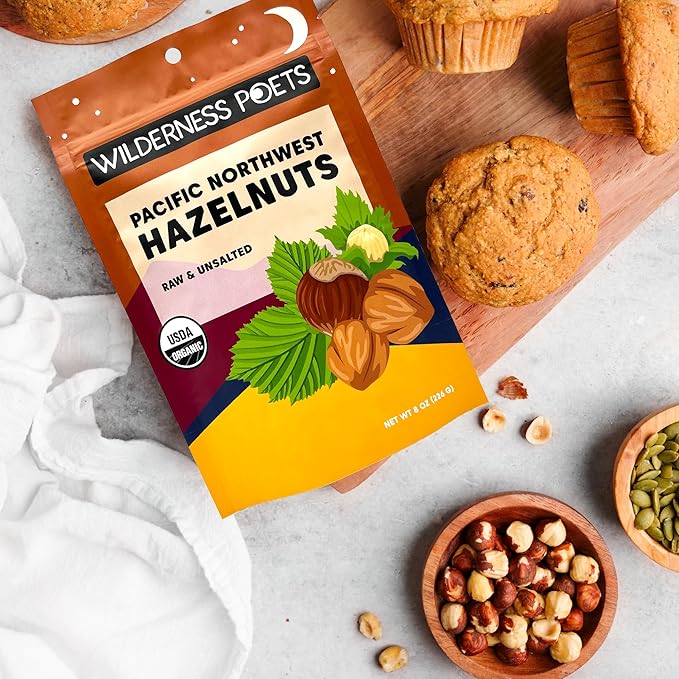 Wilderness Poets, Organic, Pacific Northwest-Grown Hazelnuts - Raw, Whole Nuts with Skins, No Shells (8 Ounce)