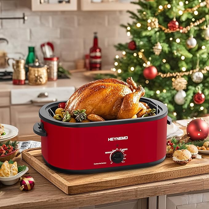 24QT Electric Roaster Oven, Electric Turkey Roaster with Viewing & Self-basting Lid, Stainless Steel Turkey Roaster Oven, RED