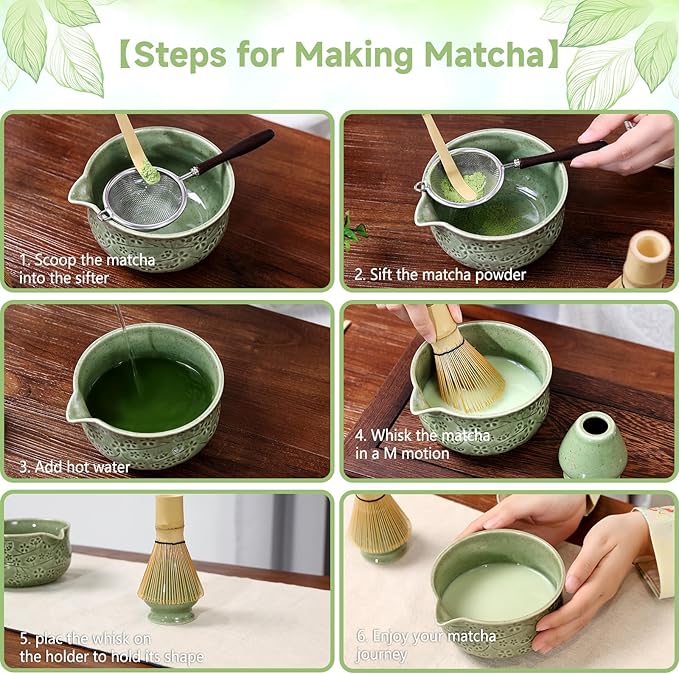 7 Pcs Matcha Whisk Set, Ceremony Matcha Kit with Matcha Bowl, Bamboo Whisk and Holder, Scoop and Scoop Rest, Sifter and Tea Towel, Gift for Matcha Lovers (Mottled Green/Cherry Blossom-Patterned 2)