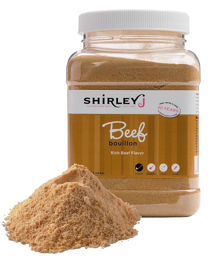 Shirley J Bouillon Powder - Rich, Concentrated, & Less Sodium Chicken Bouillon - Easy to Use Powder for Soup, Stew, Gravy, & More (1 LB, Beef)