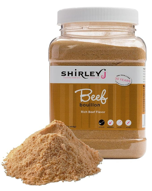 Shirley J Bouillon Powder - Rich, Concentrated, & Less Sodium Chicken Bouillon - Easy to Use Powder for Soup, Stew, Gravy, & More (1 LB, Beef)