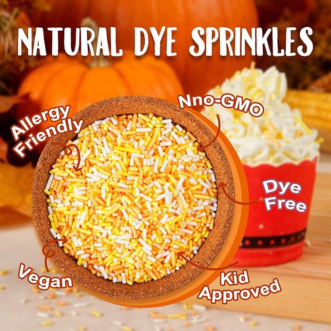 Candy Corn Dye Free Sprinkles, Natural Colors & No Artificial Dyes, Orange Yellow White Jimmies for Baking, Fall Thanksgiving Cake Decorations, Cookies, Dessert Toppings, 4.2oz
