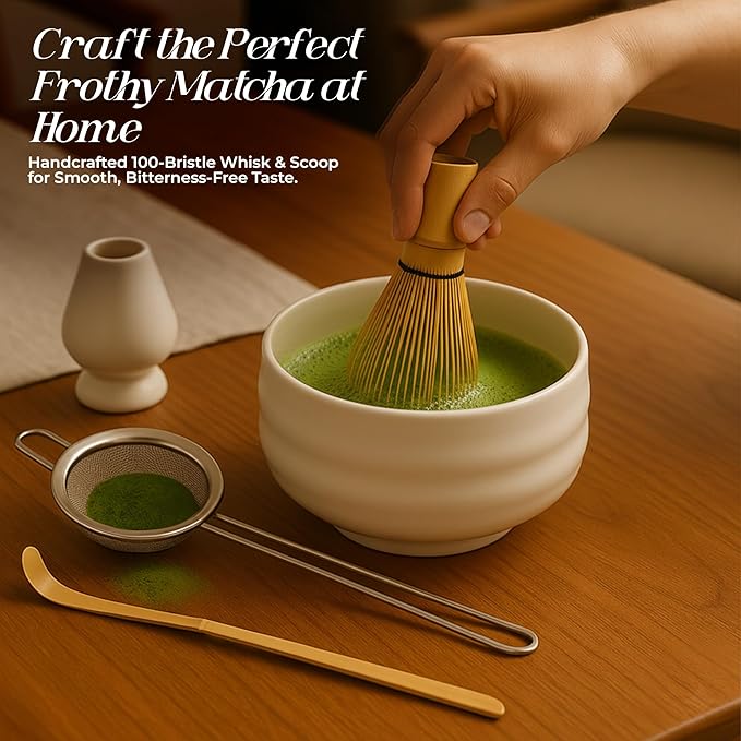 Matcha Whisk Set (5pcs) - Japanese Tea Set includes Matcha Bowl (19 oz) - Bamboo Whisk and Matcha Scoop - Whisk Holder - Stainless Steel Sifter - Tea Making Tools, Matcha Kit