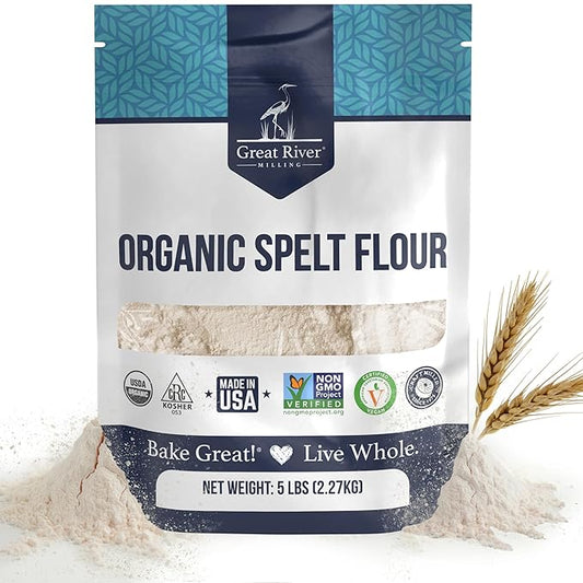 Great River Organic Milling Organic Spelt Flour | Whole Grain Ancient Wheat Flour | USDA Organic, Non-GMO, Kosher | High Fiber, Mild Flavor | Ideal for Baking Breads, Muffins, Cookies & More | 5 Lb