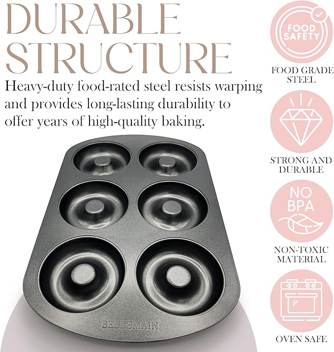 Bellemain Premiere Donut Pan for Baking | Nonstick 12.5 x 8.5” Doughnut Pan with 6-Doughnut Molds | Includes 1 Steel Donut Tray | Make Perfect Bagels and Cake Donuts (1-pack)