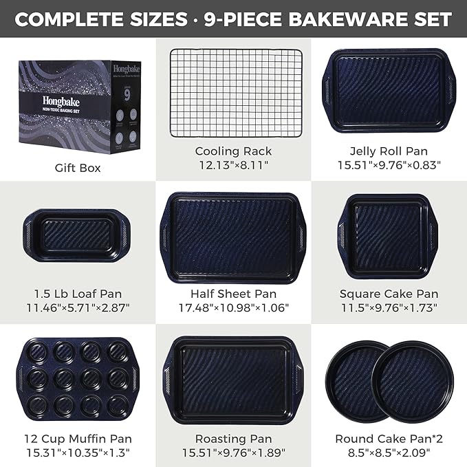 HONGBAKE 9-Piece Baking Pans Set with Wave Texture for Reduced Oil, 0.8mm Thick Bakeware Sets Non Stick, Includes Stackable Cookie Sheets for Oven Cooking, Cake Pan, Muffin Pan, Loaf Pan, Rack, Blue