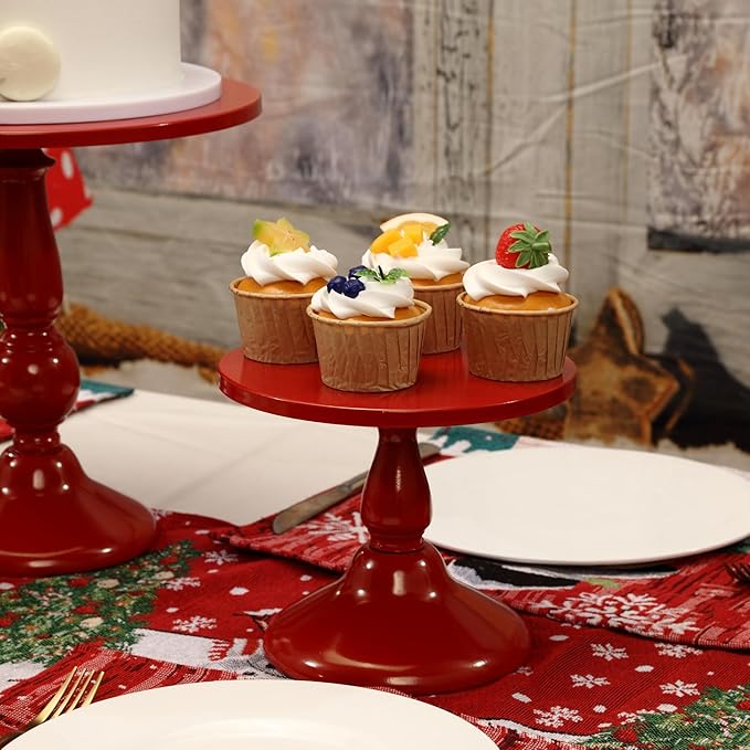 Set of 3 Red Cake Stands, QENUIITEA Metal Round Cake Holder Dessert Pie Pizza Display Stand 8" 10" 12" Serving Tray Decoration for Wedding Celebration Party Birthday Baby Shower
