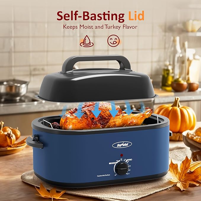 Sunvivi Roaster Oven, 24 Quart Electric Roaster Oven with Glass Lid, Turkey Roaster Buffet with Self-Basting Lid, Removable Pan, Cool-Touch Handles, Dark Blue