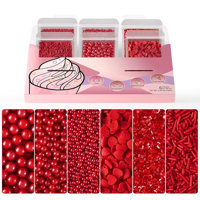HUEBEATY 6-in-1 Christmas Red Sprinkles for Cake Decorating - 180g Red Heart Shaped Confetti Sprinkles, Edible Sugar Pearls, Sanding Sugar & Jimmies, Grinch Christmas & Valentines Sprinkles for Cookies, Cupcakes Baking