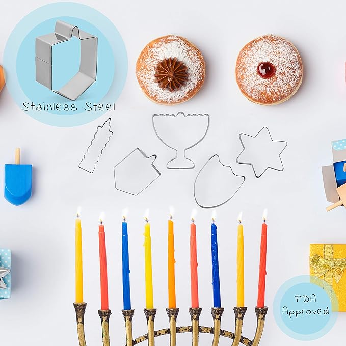 Hanukkah Fun Stainless Steel Cookie Cutters Molds Set of 5 Chanukah Story Shapes - Menorah - Dreidel - Candle - Maccabee Shield - Star of David