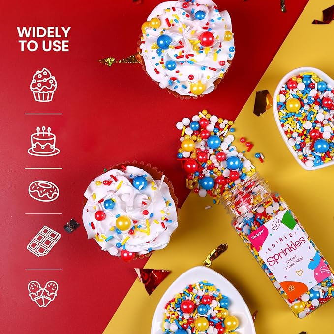 Red Blue and Yellow Sprinkles for Cake Decorating, 3.52oz Funfetti Edible Pearl Sprinkles for Cupcake Baking Ice Cream Cookie, Party Cake Decoration