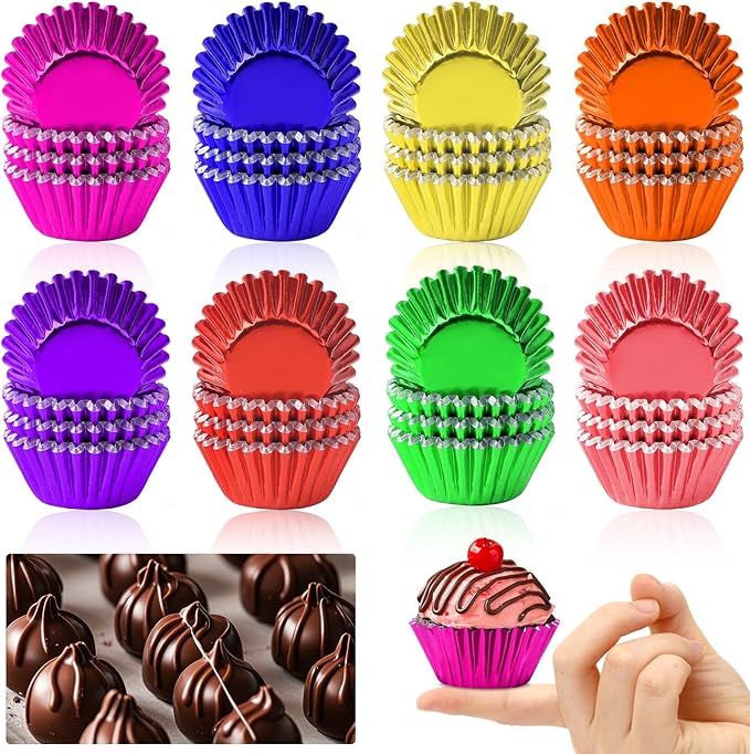 AUGSUN 400pcs Mini Foil Cupcake Liners Colorful Cupcake Baking Cups Metallic Mini Muffin Cupcake Wrappers for Christmas Holiday Party Cake Candy Chocolate Decorations Supplies