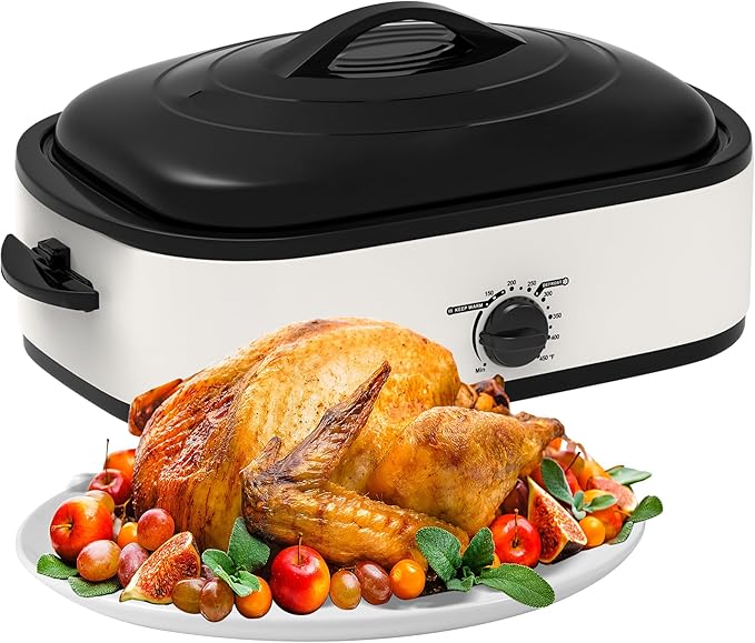 14 Quart Electric Roaster Oven, Turkey Roaster Electric, Roaster Oven Buffet, Selfbasting Lid, Removable Pan, Full-Range Temperature Control Cool-Touch Handles, White Body, Black Lid