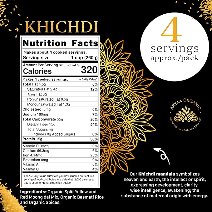 Aryaa Organic Khichdi 220g | Indian Risotto One-Pot Meal with Basmati Rice, Mung Dal & Ayurvedic Spices | High Protein, High Fiber, Vegan, Gluten-Free, Non-GMO, Easy to Digest, Ideal for Detox & Clean Eating