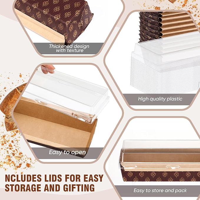 Sabary 50 Pcs Paper Baking Loaf Pan with Lids Disposable Paper Pans Mold for Birthday Graduation Wedding Halloween Thanksgiving Christmas Cake Bread Bakery Holiday Gifts(7.87 x 2.55 x 1.94 Inches)