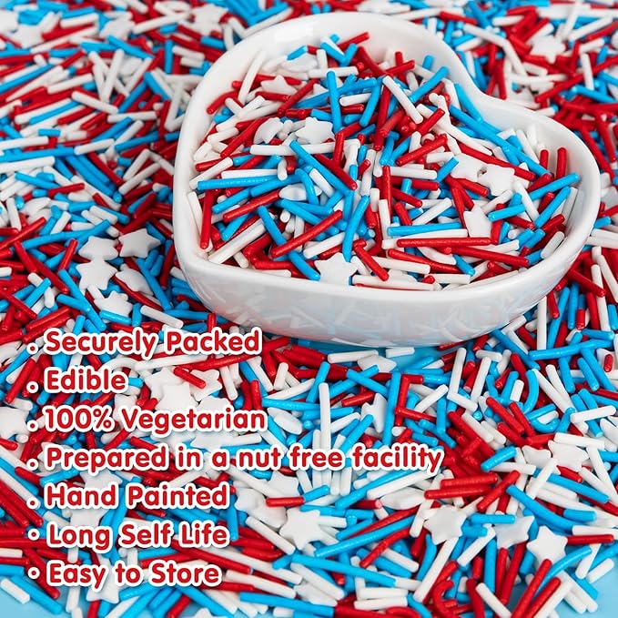 Edible Patriotic Sprinkles for Cake Decorating,Red White and Blue Jimmies Stars Sprinkle Mix, 100g/3.53oz, American Team USA Sprinkles,Baking,Ice Cream,Cookies,Cupcake Topper,Holiday Festival Valentines Christmas Party Decorations