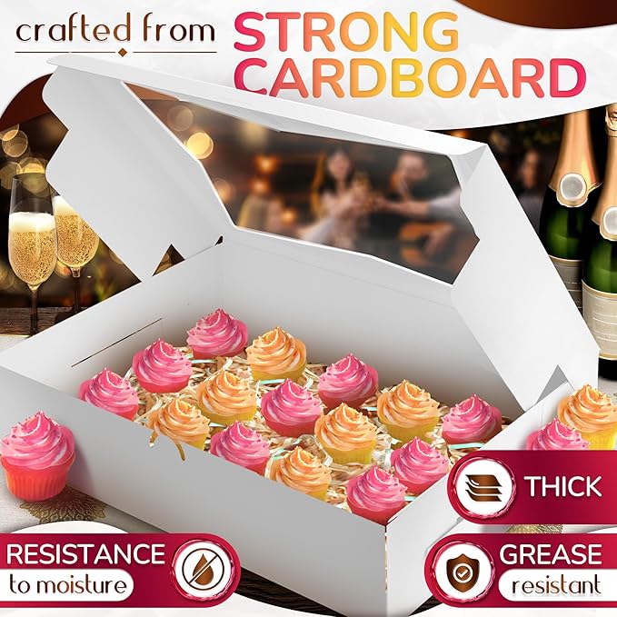 NADOBA 10 Pcs Half Sheet Cake Box Rectangle Set – Durable 19x14x4 In Cardboard Boxes with Window, Flip Top, White Bakery Boxes for Cookies, Cupcakes, Macarons – Recommended for Cake Boards and Stands