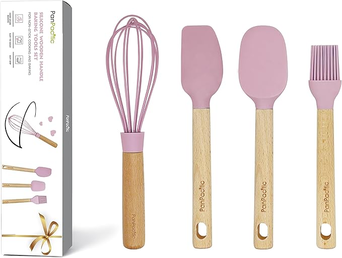 Silicone Mini Spatulas Set with Pastry Brush and Whisk, Small Kitchen Tools Nonstick Cookware For Cooking, Baking And Serving - Cherry Pink - 4 Piece