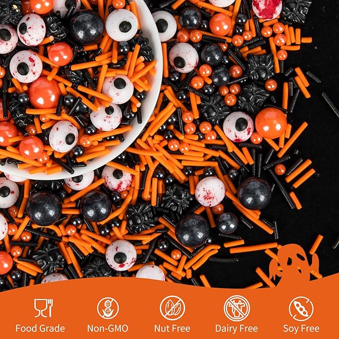 Edible Terrifying Sprinkles,Candy Bloody Eyeballs,Orange Pearls Black Spider Sprinkle Jimmies Mix,130g,Perfect for Cake Decorations,Baking,Ice Cream,Cookies,Cupcake Topper,Halloween Thanksgiving Christmas Supplies Children's Party