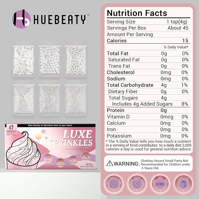 HUEBEATY 7-in-1 White Edible Pearls Sprinkles with Claw Sprinkle Pen – 180g/6.36oz White Cake Sugar Pearls 2mm to 10mm & Sugar Rods for Cake Decorating, Cupcakes, Cookies, Wedding & Valentines Desserts