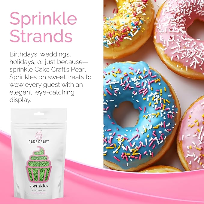 Cake Craft Green Sugar Strand Sprinkles (Jimmies) – 3-Pack (100g Each) | Bright Green Sprinkles for Cakes, Cupcakes, Cookies & More | Festive Color & Sweet Crunch