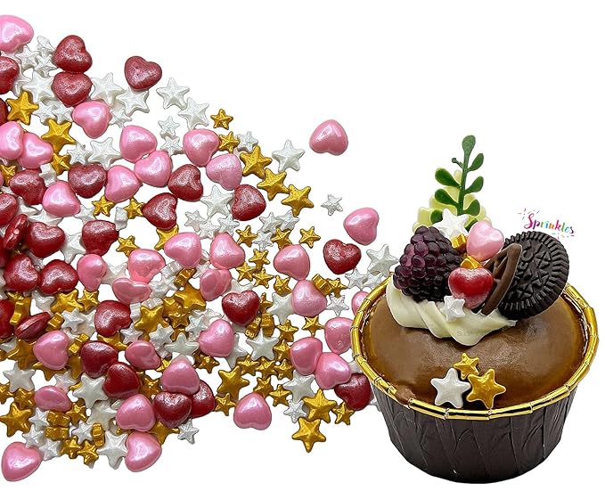 SE Si&Moos White and Gold Star Candy Red and Pink Heart Sprinkles Star and Heart Cake Decorations Edible Stars Valentine Sprinkles for Cakes, Cupcakes, Cookies, Shower Party Birthday Holiday Supplies 3.5 OZ