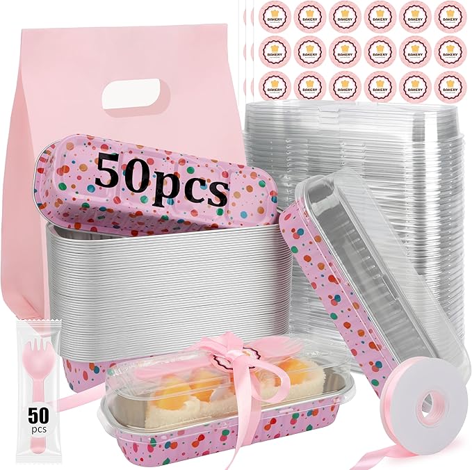 OcePor 50 Pack Mini Loaf Pans With Lids，Mini Cake Pans With Lids and Spoons，6.8oz Bread Loaf Pans Disposable，Small Aluminum Cake Tins,Baking Pans Individual (Colorful Polka Dot Powder)