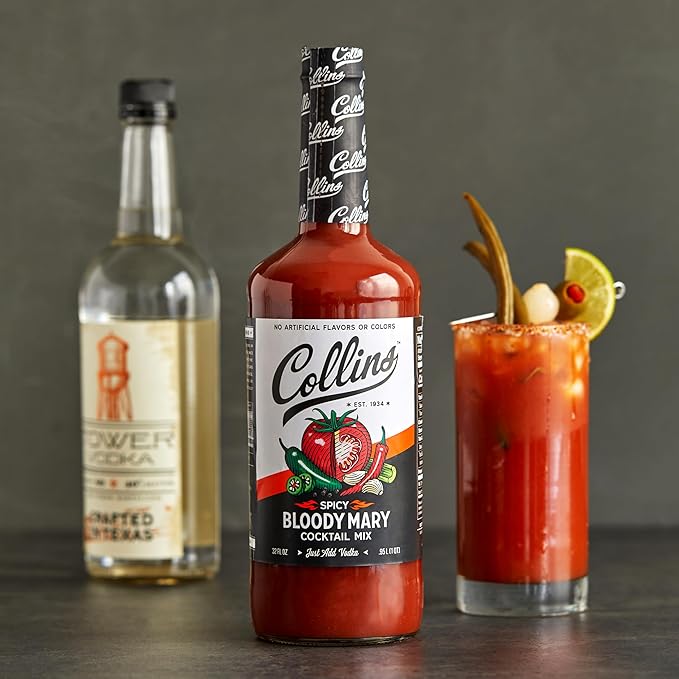 Collins Spicy Bloody Mary Mix, Made With Tomato, Garlic, Worcestershire, Horseradish, Cayenne and Other Spices, Brunch Cocktail Recipe, Bartender Mixer, Drinking Gifts, Home Cocktail bar, 32 fl oz