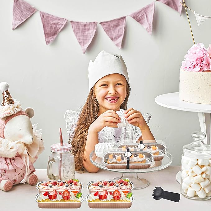50 PACK Mini Cake Pans with Lids and Spoons, Rectangular Aluminum Foil Bread Pan, Mini Loaf Pans and Food Containers with Lids(Champagne, 6.8oz)
